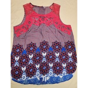 Top‎ Unknown Brand Sleeveless Red Blue Floral Button Up Split Neck Back